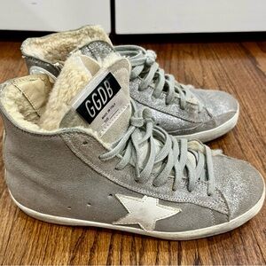 Size 36 Golden Goose high-tops with shearling interior. Silver